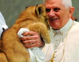 Papa Bento XVI acaricia filhote de leão em visita de circo