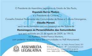 Convite para Ato Solene “Homenagem às Personalidades das Comunidades” 2009